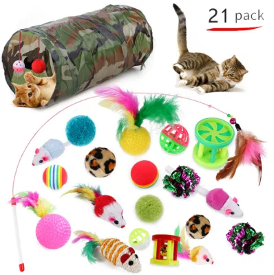 Amazon Hot Sell Pet Supplies Verschiedene lustige 21-teilige Katzenspielzeugsets zum Spielen von Federspielzeugen, Katzentunnel-Ballspielzeug, Haustierzubehör